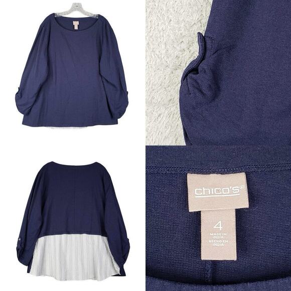 Chicos Shirt Size 4 US XXL Top Navy Blue Layered Stretch Knit Coastal Resort - Picture 1 of 9